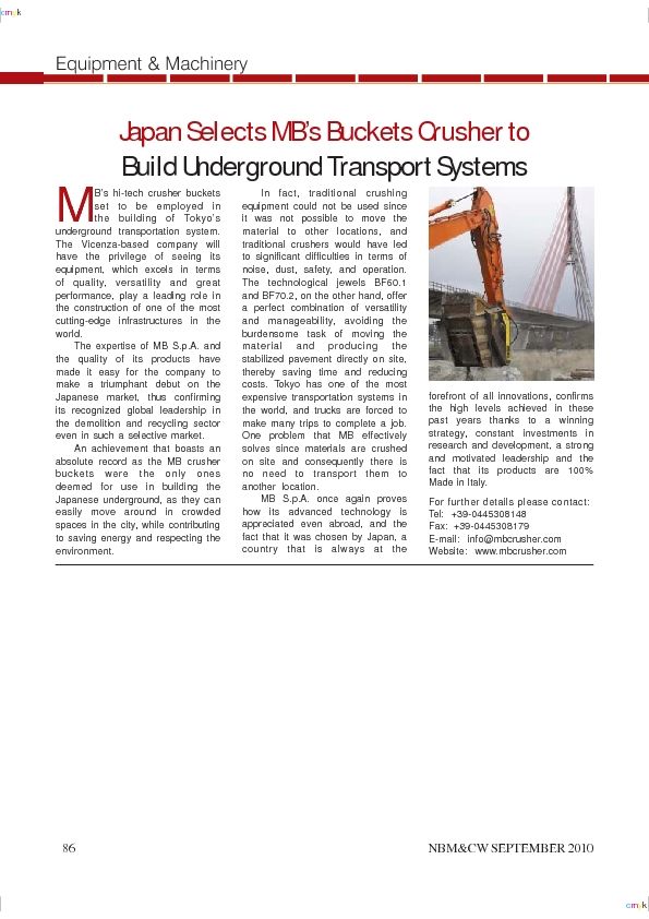  - Japan Selects MB’s Buckets Crusher to Build Underground Transport Systems