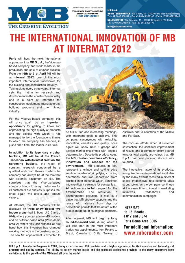  - The International Innovation of MB at Intermat 2012