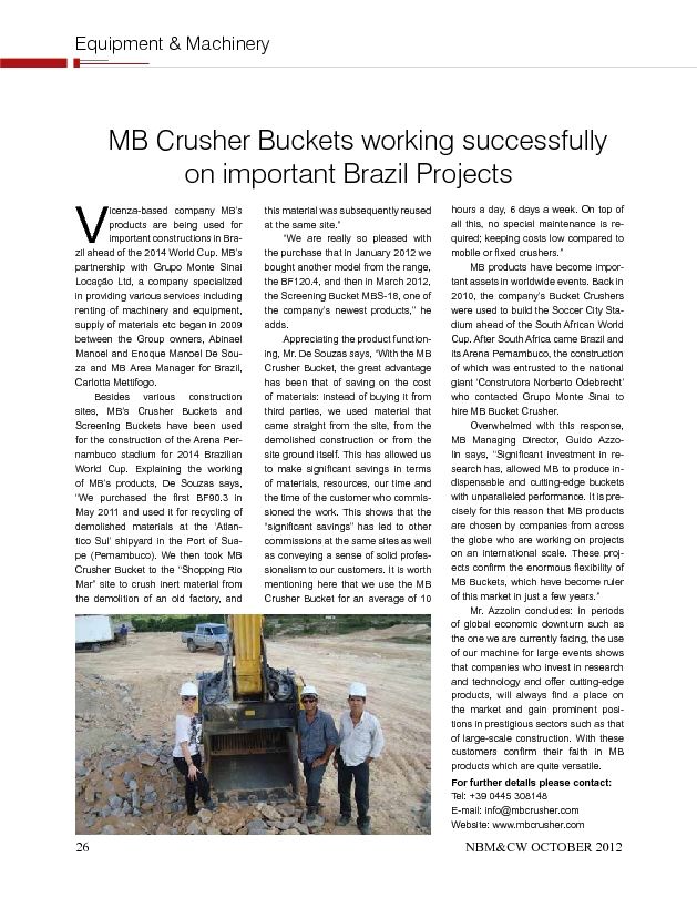  - MB Crusher Buckets working successfully on important Brazil Projects